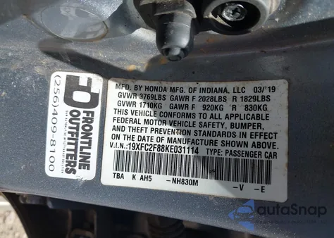 2019 Honda Civic Sport z USA, uszkodzony, nr VIN 19XFC2F88KE031114